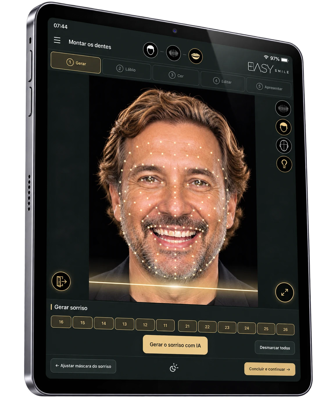 Aplicativo Easy Smile em um iPad: tela Montar os dentes, com análise facial e geração de sorriso com IA